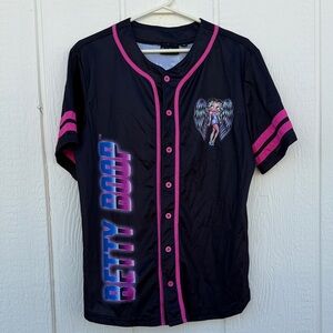 Betty Boop Womens Sz M Novelty Baseball Jersey Born To Rise Button Up Black Pink
